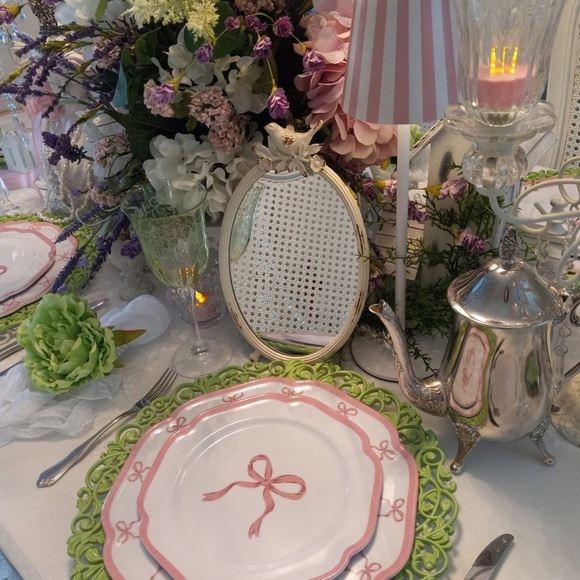 Shabby Chic Pink Coquette Bows Melamine Salad & Dinner Plates 8 PC Set Pastel - Picture 12 of 13